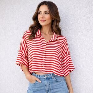 Toska Red White Striped Chiffon Button Down Blouse Crop Boxy Top Sz L